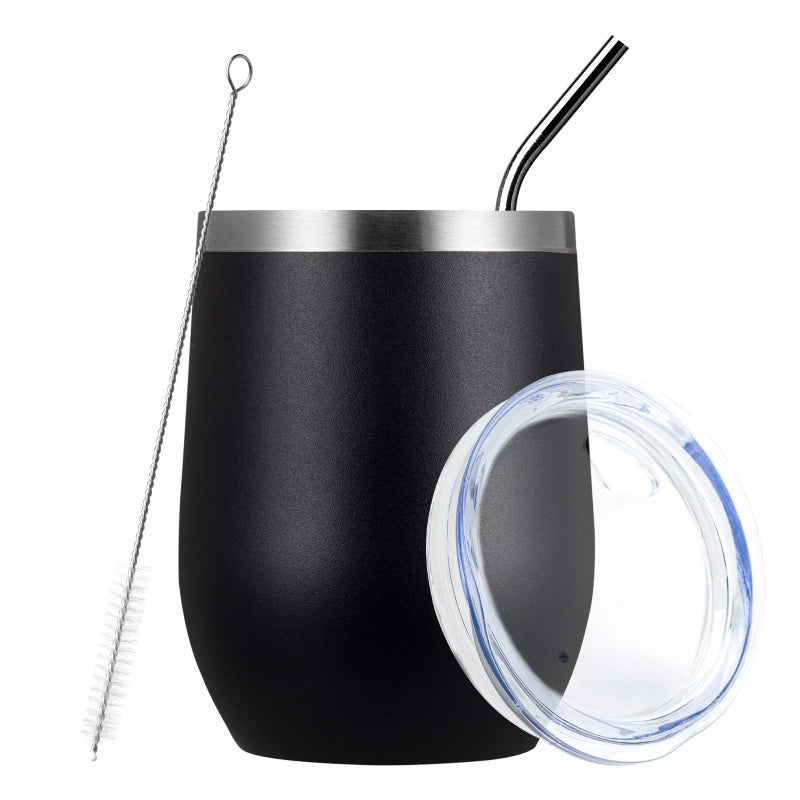 MEWAY Stemless 12oz Wine Tumbler Glasses with Lid -Insulated Double Wall Vacuum Stainless Steel Travel Tumbler with Straw,for Woman Under 10 dollars(Black,1) - Image 1